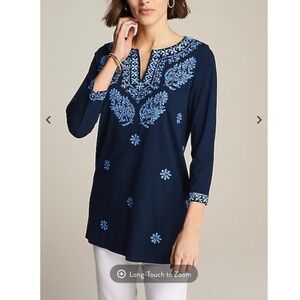 J. Jill Shirt Womens-XL Navy Blue Embroidered Tunic 3/4 Sleeve Split Neck Floral